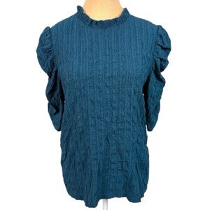 THML Teal Smocked Ruffle Puff Sleeve Blouse Top Size Medium Boho EUC